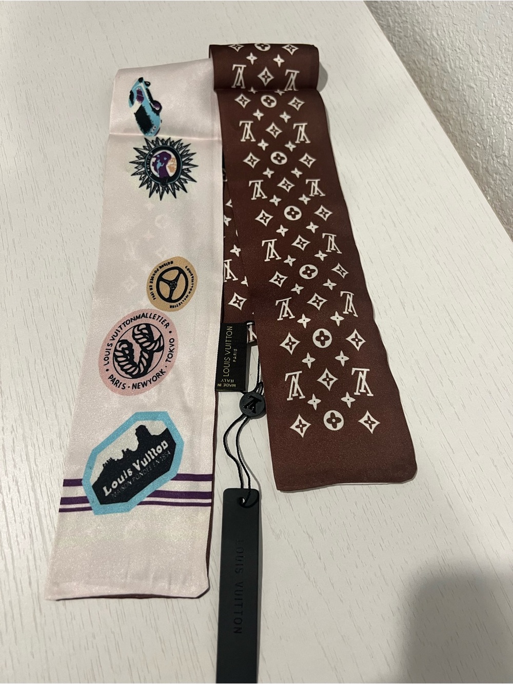 Louis Vuitton Silk Twilly Scarves — Brown & Pink Accents